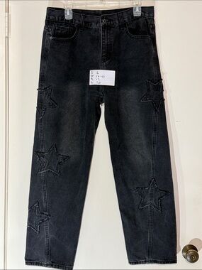 Black Denim Barrel Pants with Star Patches Size Large